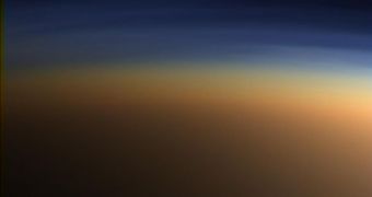 True-color image of Titan's atmosphere, taken by the orbiter Cassini during a fly-by