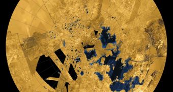 Cassini radar image of Titan's northern hemisphere and its liquid hydrocarbon lakes and seas