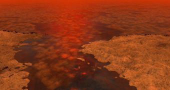 What frozen hydrocarbon on the surface of a Titan lake may look like