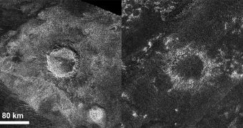 Radar images of craters on Titan, the one on the left is a relatively fresh one and similar to others in the solar system, the one in the left is a lot more worn out