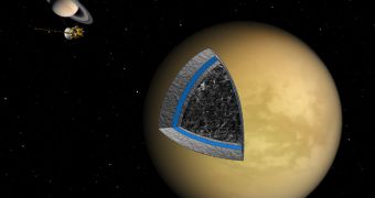 Artist's rendition of Cassini near Titan. Saturn is in the background, and the cutaway shows Titan's innards