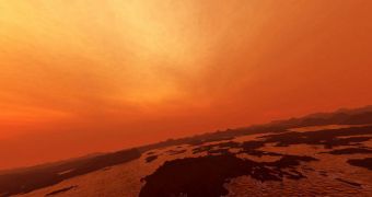 Artist's rendition of a possible landscape on the surface of Titan