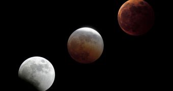 Russell Croman, Austin, Texas captured the Oct. 27, 2004 total lunar eclipse by stages. The Moon turned red during totality.
