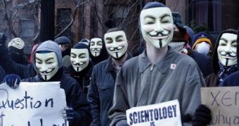 Anonymous members protesting against the cult of Scientology, whose most outspoken supporter is Tom Cruise
