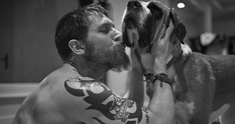 Tom Hardy and pup promote upcoming Warner Bros. movie "Mad Max: Fury Road"