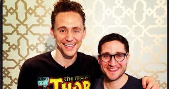 Tom Hiddleston and Josh Horowitz after an epic slumber party