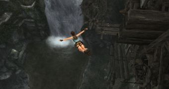 Lara Croft peforming a sommer sault