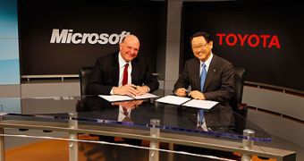 Steve Ballmer, CEO of Microsoft, and Akio Toyoda, president of Toyota Motor Corp.