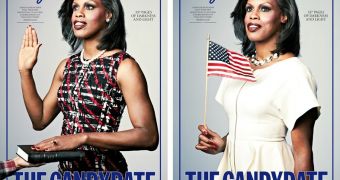 Trans model Connie Fleming strikes a pose as First Lady Michelle Obama for Candy