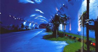 The Qinling Zhongnan tunnel in China, where artistic lighting and the “Oasis with palms and clouds on the roof”design turned an originally dry and monotonous tunnel environment into a beautiful scenery
