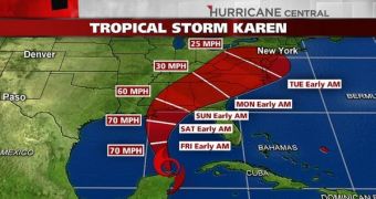 Predicted path of tropical storm Karen