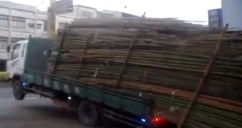 Truck Driver Shows Off Easy Way to Unload Bamboo