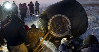 The Soyuz space capsule that delivered the last three members of Expedition 29 is seen here shortly after landing