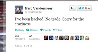 Hacker posts fake tweet about Matt Schaub trade from Marc Vandermeer's hacked account