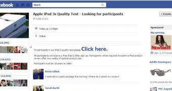 Scammers lure potential victims with iPad 3 quality testing Facebook event