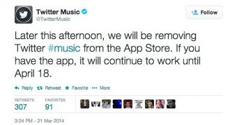 Tweet announcing the shuttering of Twitter Music for iOS