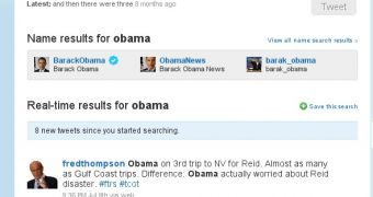 A Twitter search for Obama also lists several accounts related to the name