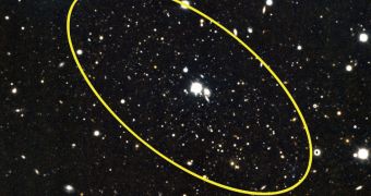 The yellow circle indicates the boundaries of dwarf galaxy Andromeda 29