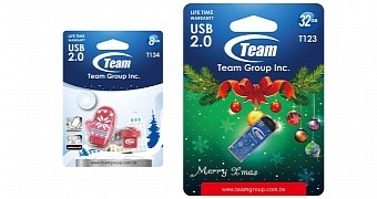 Team Group T134 and T123 winter-exclusive flash drives, not necessarily to scale