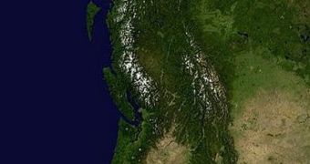 Satellite image showing the Pacific Northwest region, a section of the Ring of Fire
