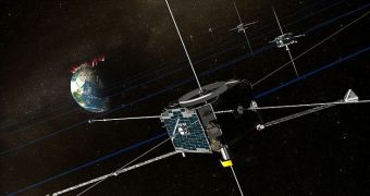 Rendition showing the THEMIS constellation when it featured five satellites. Two of them are now part of the ARTEMIS mission