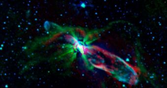 Cosmic cloud HH 46/47 is seen here in radio and infrared wavelengths