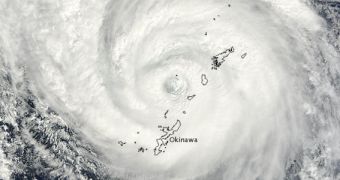 Typhoon Sanba passes over Okinawa, Japan, on September 16, 2012