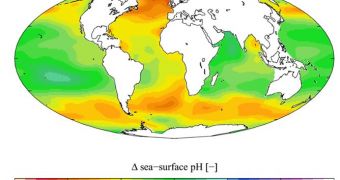 Estimated change in annual mean sea surface pH between the pre-industrial period (1700s) and the 1990s