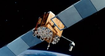 Rendering of a GPS Block IIF satellite in Earth's orbit