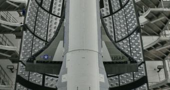 An official USAF image of the X-37B spacecraft before launch