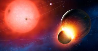 As stars turn into red dwarfs, they produce orbital instabilities in their companion planets, which may lead to multiple interplanetary collisions, and the formation of large debris fields