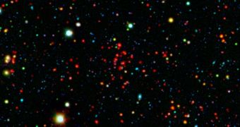 Red dots in this image show members of a very distant galaxy cluster, of the type surveyed in the two new papers