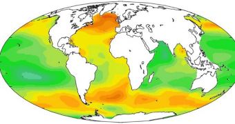 Estimated change in annual mean sea surface pH between the pre-industrial period (1700s) and the present day (1990s)