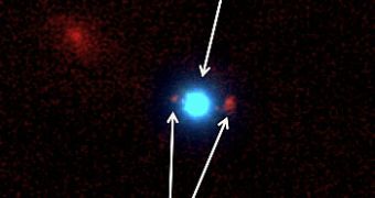 Images of the first-ever foreground quasar (blue) lensing a background galaxy (red), taken with the Keck II telescope