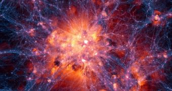 A large galaxy cluster and a dense halo of dark matter formed at the center of the simulated universe