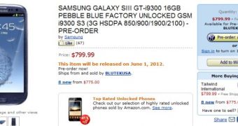 Unlocked GALAXY S III Up for Pre-Order via Amazon for 799.99 USD (625 EUR)