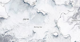Natural-color Aqua MODIS image showing the huge extent of sea ice covering the Bering Sea in March, 2012