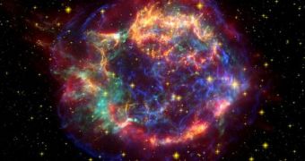 A false color composite image of the Cassiopeia A supernova remnant