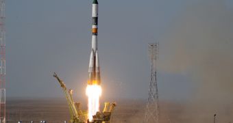This image shows the launch of a Soyuz rocket from Kazakhstan