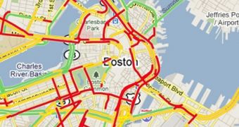 Google Maps currently provides data about traffic conditions, labeling congested routes in red and open ones in green