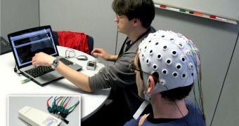 A photo showing the Mind Speller device in action