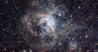 This VISTA image shows the spectacular 30 Doradus star-forming region, also called the Tarantula Nebula
