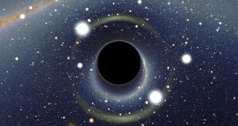 Artist's rendition of a black hole distorting the direct view of a galaxy behind it