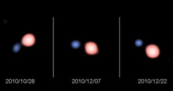 These image of the SS Leporis binary system have been colored to match the temperatures of each individual star