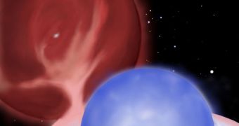 This rendition shows a blue stragglers accreting mass from a companion star
