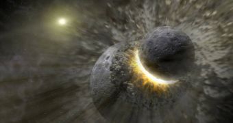 This artist's concept illustrates how a massive collision of objects, perhaps as large as the planet Pluto, created the dust ring around the nearby star Vega