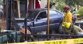 A teenager smashed a Sedan into a diner, plowing through the patio and injuring 10 people