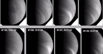 A montage of ultraviolet images taken during several Venus Express orbits with the Venus Monitoring Camera (VMC)