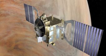 This rendition show the ESA Venus Express space probe orbiting our neighboring planet