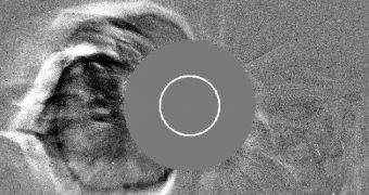 This image from the Large-Angle Spectrometric Coronagraph (LASCO) instrument on SOHO shows the eruption of a coronal mass ejection on August 7, 2010